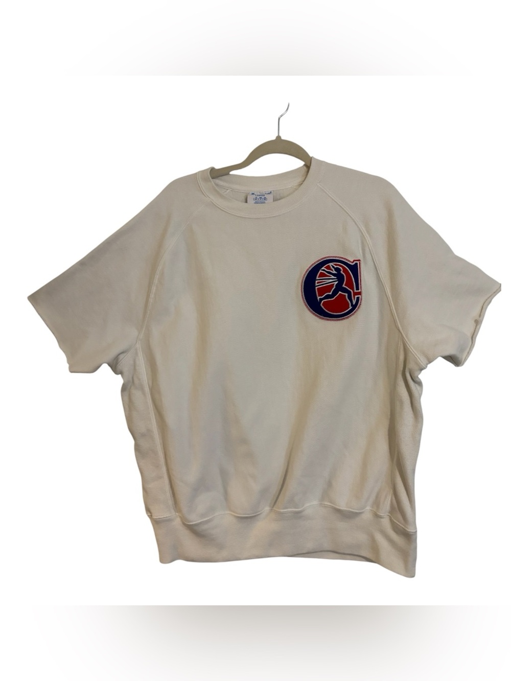 Champion White Short Sleeve Sweatshirt Logo Patch Tee with Navy and Red Patch